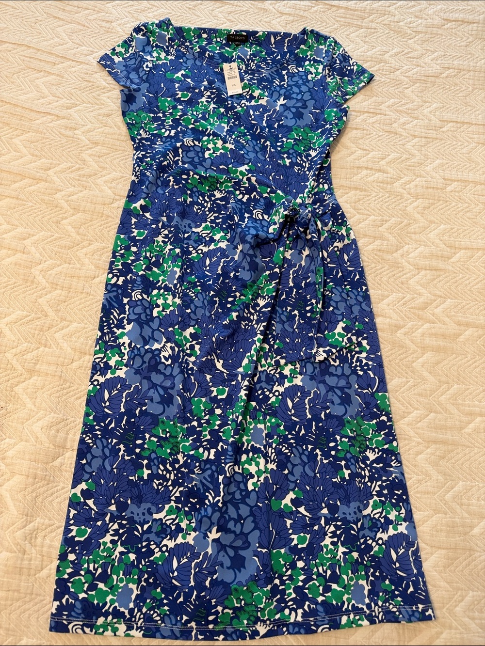 Talbots Blue, Green & White Floral Midi Wrap Dress with Waist Tie NWT